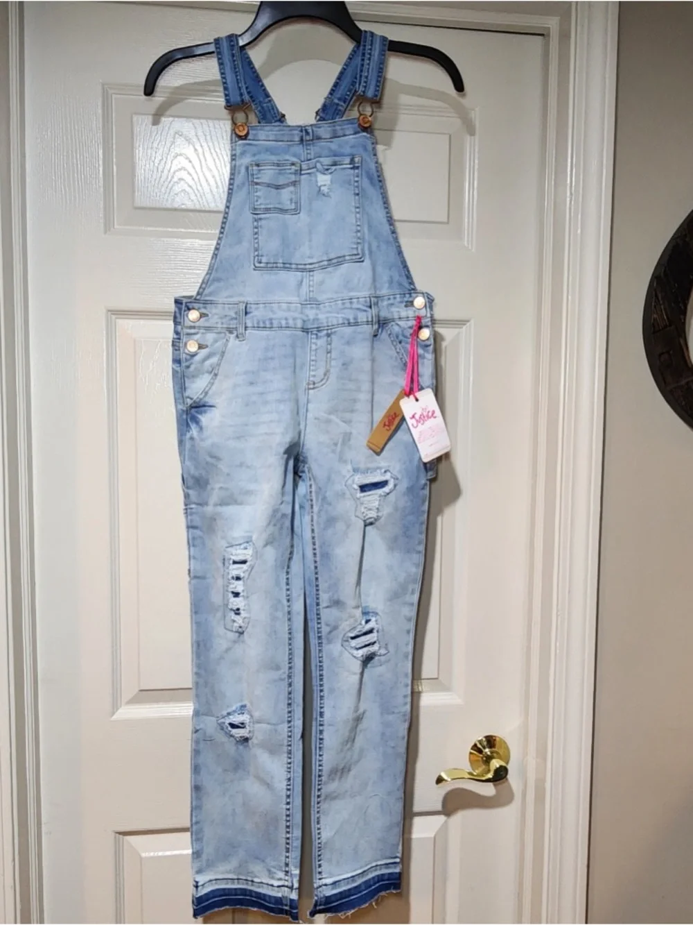 NWT Justice Girls Light Blue Denim Overalls with Some Distressing Casual Classic